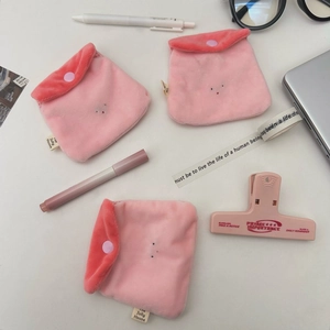 Three sweet pink plush strawberry pudding wallets with cute animal embroidery for storage