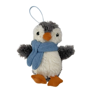 Cute plush penguin pendant with blue scarf and grey-white fur for bag decoration