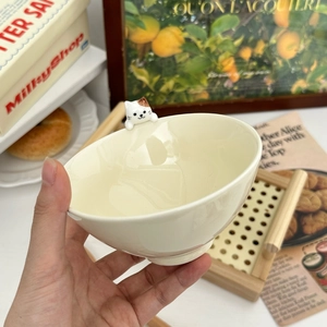 Bol à dessert japonais en céramique avec chat en relief et finition émaillée crème