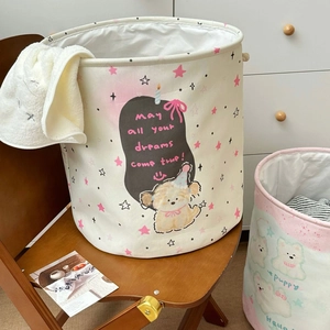 Set of two foldable canvas laundry baskets with cute dog and polar bear illustrations