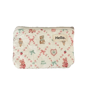 Cute quilted floral coin purse with bear and rabbit patterns and zipper closure