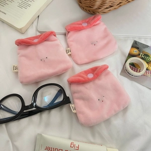 Three pink plush strawberry pudding coin purses with cute bear embroidery and snap closure