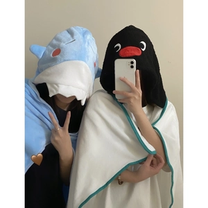 Cute cartoon shark and penguin hooded coral fleece blankets for home office use
