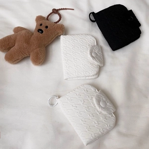 Pleated fabric mini coin purse in black and white with wave texture and cute bear charm