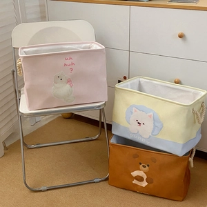 Three-piece set of cartoon animal canvas storage bins with rope handles and cute patterns