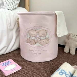 Pink cartoon bear collapsible laundry basket with cotton rope handles for home storage