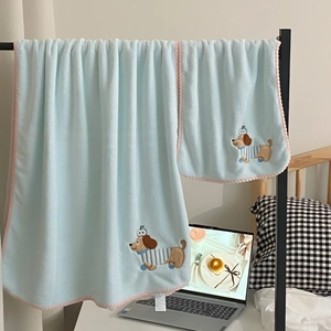 Light blue coral fleece towel set with cartoon dog embroidery and pink wavy edges