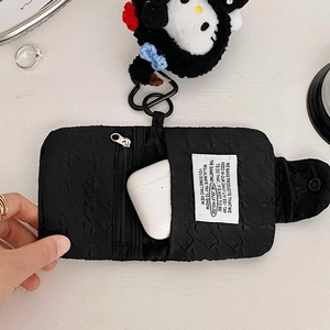 Quilted mini coin purse with Kuromi plush charm and multi-layer storage for earphones