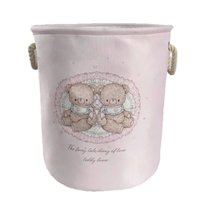 Pink canvas storage hamper with cute cartoon bears and durable rope handles