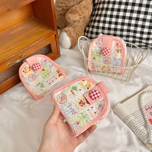 Petit porte-monnaie rose en tissu avec motif lapin mignon et compartiments multicouches