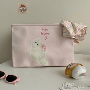 Pink canvas storage basket featuring a cute cat illustration and foldable design