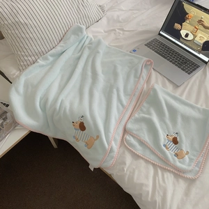 Soft coral fleece towel set with cute puppy embroidery and pink woven edges