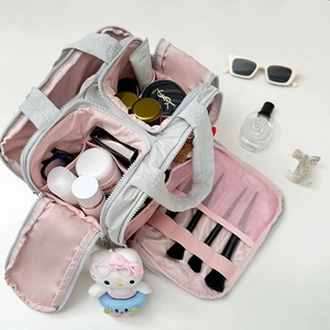 Trousse de maquillage voyage gris et rose à grande capacité avec compartiments