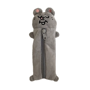 Cute gray plush animal pencil case with cartoon embroidery and secure zipper closure