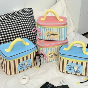 Makeup Bag Striped Cartoon Puppy Pattern Cotton Handheld Travel Toiletry Case Large Capacity Organizer Portable For Women