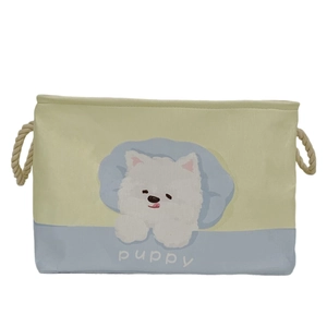 Foldable fabric storage basket with cute puppy cartoon and thick cotton rope handles
