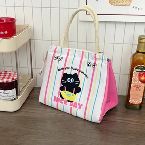Detailed view of insulated canvas lunch bag with cartoon cat and colorful stripes