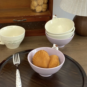 Japanese style purple cat relief ceramic bowl and mug set on a vintage wooden tray