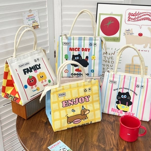 Insulated Lunch Bag Canvas Aluminum Foil Thermal Bento Pouch Cartoon Cute Cat Dog Portable Handheld Tote For School Picnic