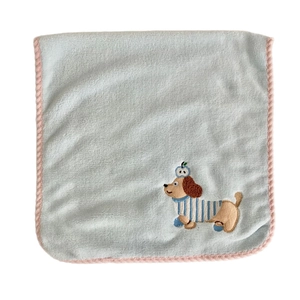 Light blue microfiber cartoon dog hand towel with soft coral velvet texture and pink piping