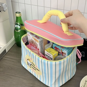 Detail of insulated lunch bag with blue stripes and yellow handle showing large storage space