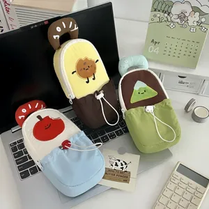 Cartoon Pencil Case Large Capacity Plush Canvas Stationery Bag Handheld Drawstring School Students Desk Organizer