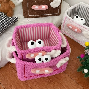 Panier De Rangement Mignon Yeux De Dessin Animé En Velours D'agneau Pliable Avec Poignées Doublure Rayée Pour Jouets