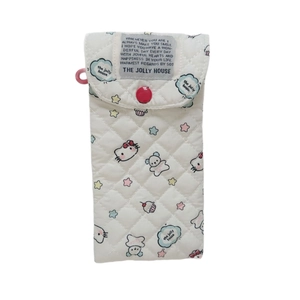 Quilted white cartoon cat glasses pouch with Hello Kitty style print and carry strap