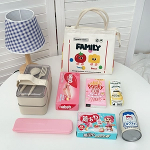 Detailed view of insulated lunch bag with cartoon graphics and bento box storage capacity