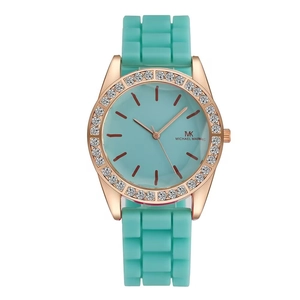 Elegant turquoise silicone women watch with rhinestone bezel and rose gold case