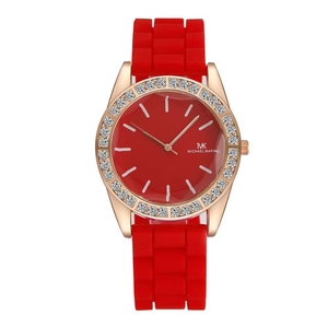 Women's quartz watch with red silicone strap, rose gold diamond case and crystal bezel