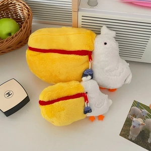 Cute yellow plush pelican storage bags with red zipper for travel and makeup storage
