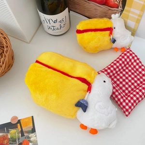 Cute plush duck cosmetic pouch and coin purse set with red zippers for travel storage