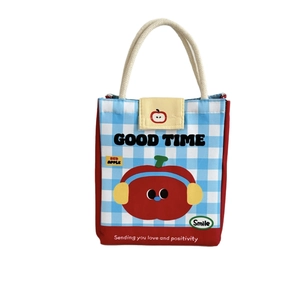 Cute insulated lunch bag with red cartoon apple print and blue checkered canvas pattern