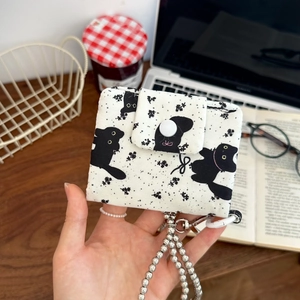 Foldable cat print coin purse with floral pattern and silver chain strap detail