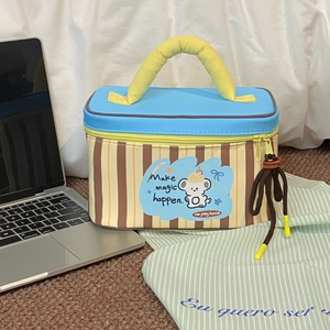 Detail of cute striped lunch bag with koala print and soft yellow padded handle