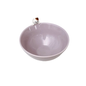 Purple ceramic bowl with 3D white cat relief on rim, Japanese style relief dinnerware
