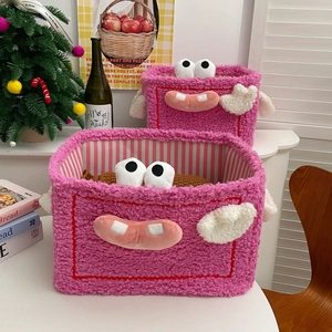Lot de paniers de rangement en peluche rose avec visages de monstres rigolos