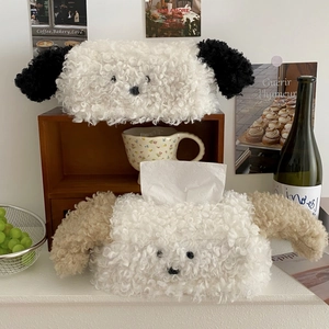Cute teddy dog plush tissue box holder for car and desktop home decor in cream white