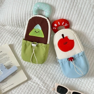Detail of cute cartoon standing pencil cases with drawstrings and handles in two colors