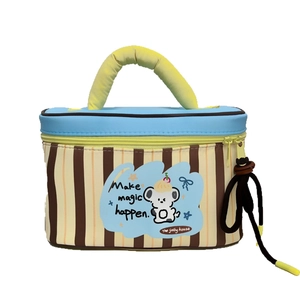 Striped thermal lunch bag with cartoon koala print and blue top handle for outdoors
