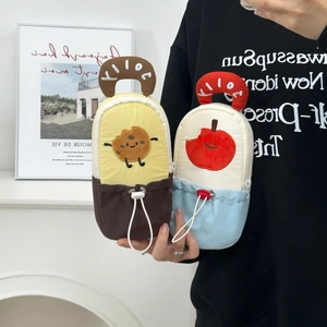 Cartoon portable pencil cases with drawstring and handle in biscuit and apple designs