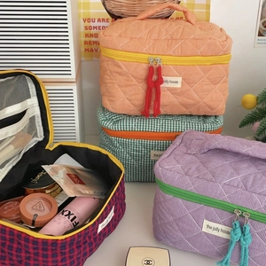 Detail of quilted cosmetic bag with colorful checkers, large capacity and mesh pockets