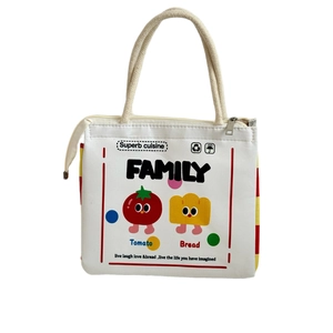 Cute cartoon canvas insulated lunch bag with tomato graphics and reinforced handles
