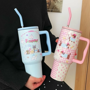 Insulated Tumbler With Straw And Handle Stainless Steel Vacuum Cup Large Capacity Portable Cute Puppy Floral For Travel
