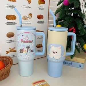 Insulated Tumbler 304 Stainless Steel Large Capacity With Handle And Straw Portable Cartoon Dog Puppy Thermal Travel Mug