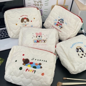 Cute Cartoon Dog Embroidery Quilted Heart Makeup Bag Canvas Large Capacity Portable Travel Cosmetic Pouch Zipper Organizer