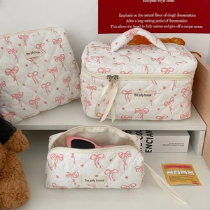 Quilted Cotton Makeup Bag Pink Bow Floral Print Large Capacity Portable Travel Toiletry Organizer Sweet Korean Style Women