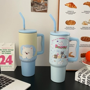 Insulated 1200ml stainless steel tumblers with cute puppy prints and ergonomic handles