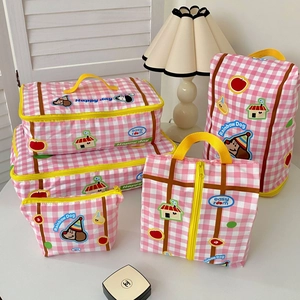 Portable Travel Storage Bag Organizer Waterproof Polyester Fabric Cartoon Dog Pink Plaid Luggage Suitcase Packing Kawaii Cute